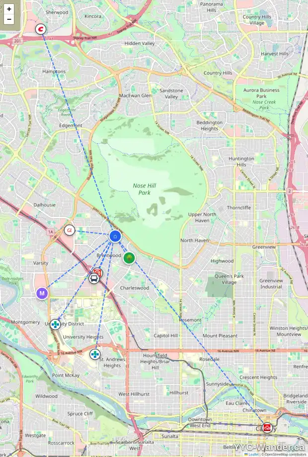 Daily accessibility map for 2715 CRAWFORD RD NW, Calgary showing nearby schools, grocery stores, parks, LRT stations and nearby amenities