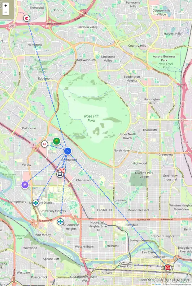 Daily accessibility map for 5008 BROCKINGTON RD NW, Calgary showing nearby schools, grocery stores, parks, LRT stations and nearby amenities