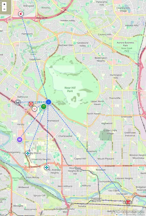 Daily accessibility map for 3371 BRETON CL NW, Calgary showing nearby schools, grocery stores, parks, LRT stations and nearby amenities