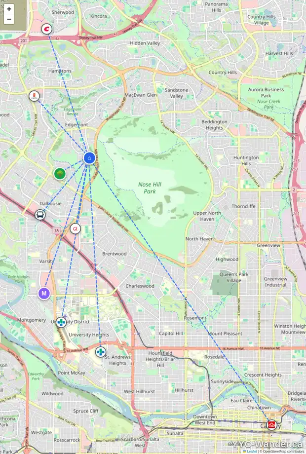 Daily accessibility map for 35 EDELWEISS CR NW, Calgary showing nearby schools, grocery stores, parks, LRT stations and nearby amenities