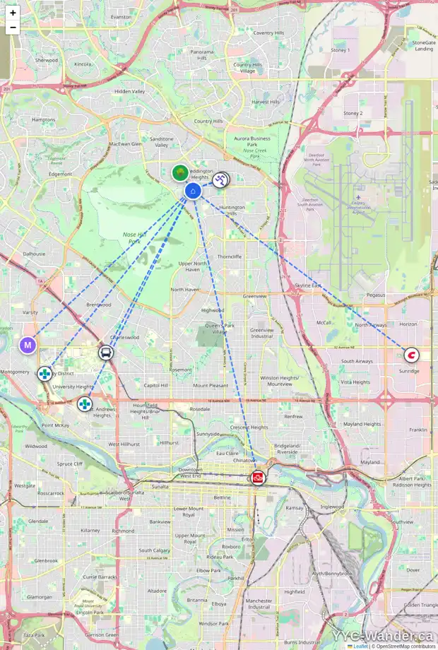 Daily accessibility map for 8011 HUNTERVIEW DR NW, Calgary showing nearby schools, grocery stores, parks, LRT stations and nearby amenities