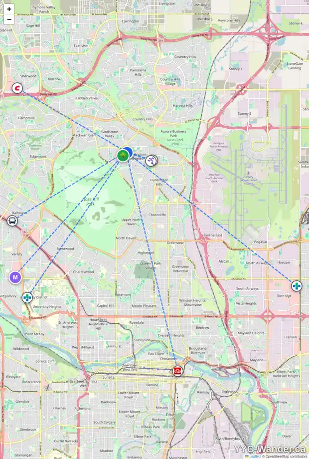Daily accessibility map for 104 BERWICK HL NW, Calgary showing nearby schools, grocery stores, parks, LRT stations and nearby amenities
