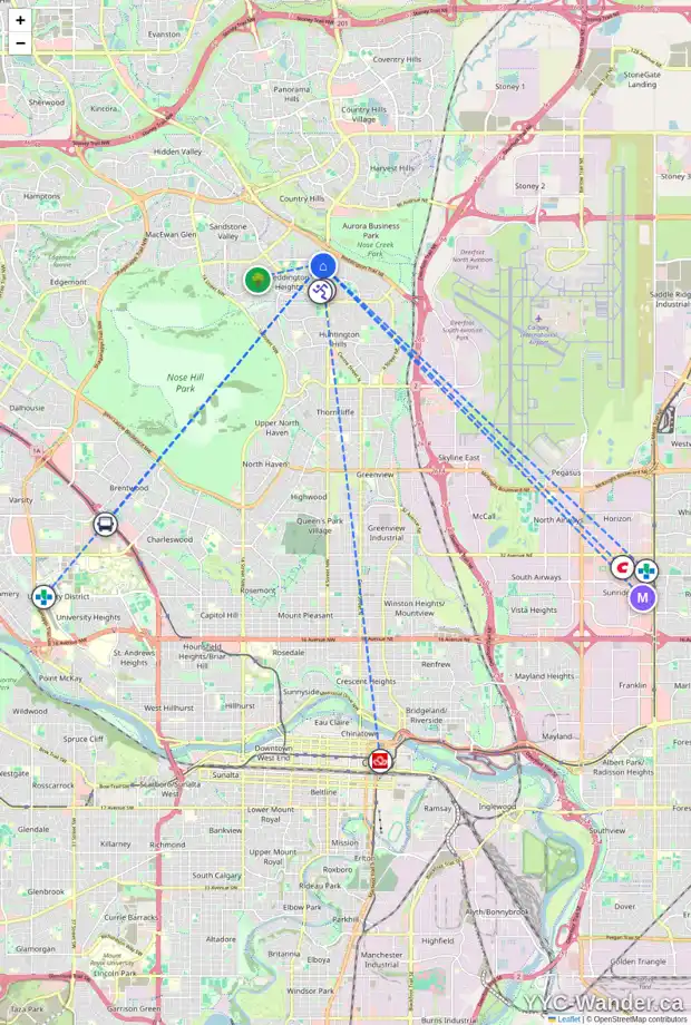 Daily accessibility map for 55 BERGEN CR NW, Calgary showing nearby schools, grocery stores, parks, LRT stations and nearby amenities