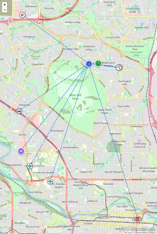 Daily accessibility map for 1408 BERKLEY DR NW, Calgary showing nearby schools, grocery stores, parks, LRT stations and nearby amenities