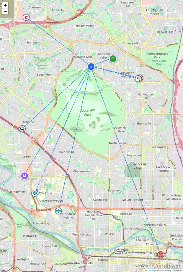 Daily accessibility map for 60 MACEWAN GLEN CL NW, Calgary showing nearby schools, grocery stores, parks, LRT stations and nearby amenities