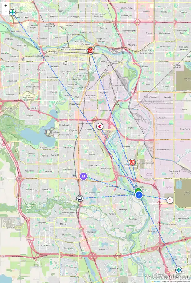 Daily accessibility map for 17 DOUGLAS PARK MR SE, Calgary showing nearby schools, grocery stores, parks, LRT stations and nearby amenities
