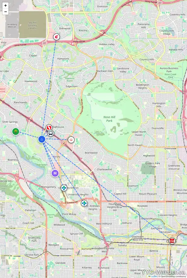 Daily accessibility map for 520 VARSITY ESTATES BA NW, Calgary showing nearby schools, grocery stores, parks, LRT stations and nearby amenities