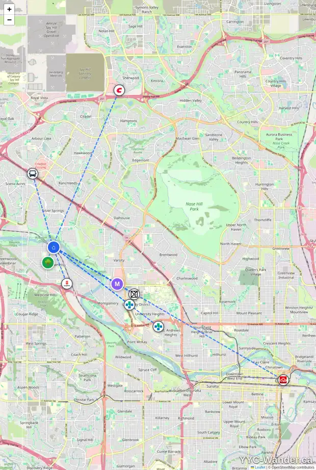 Daily accessibility map for 71 BOW VILLAGE CR NW, Calgary showing nearby schools, grocery stores, parks, LRT stations and nearby amenities