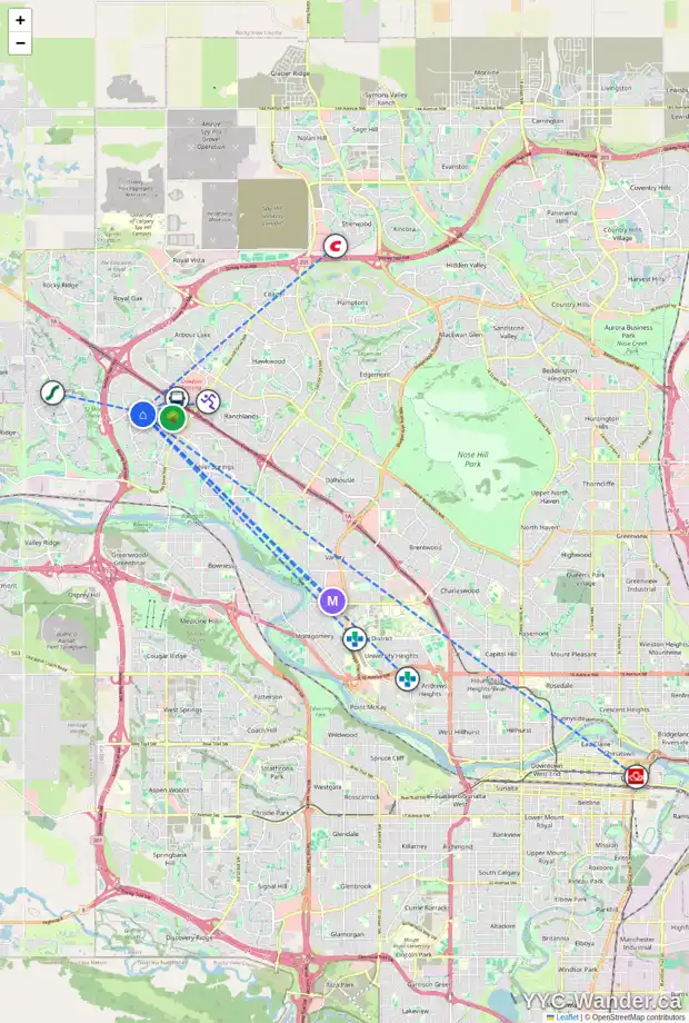 Daily accessibility map for 128 SCRIPPS LD NW, Calgary showing nearby schools, grocery stores, parks, LRT stations and nearby amenities