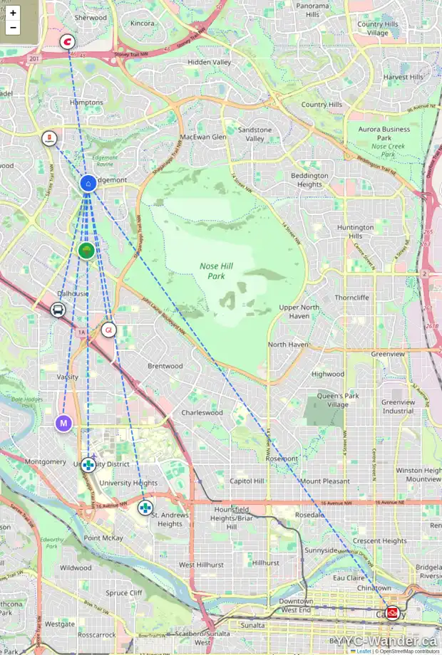 Daily accessibility map for 142 EDGEVIEW RD NW, Calgary showing nearby schools, grocery stores, parks, LRT stations and nearby amenities