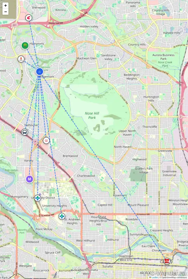Daily accessibility map for 8357 EDGEVALLEY DR NW, Calgary showing nearby schools, grocery stores, parks, LRT stations and nearby amenities