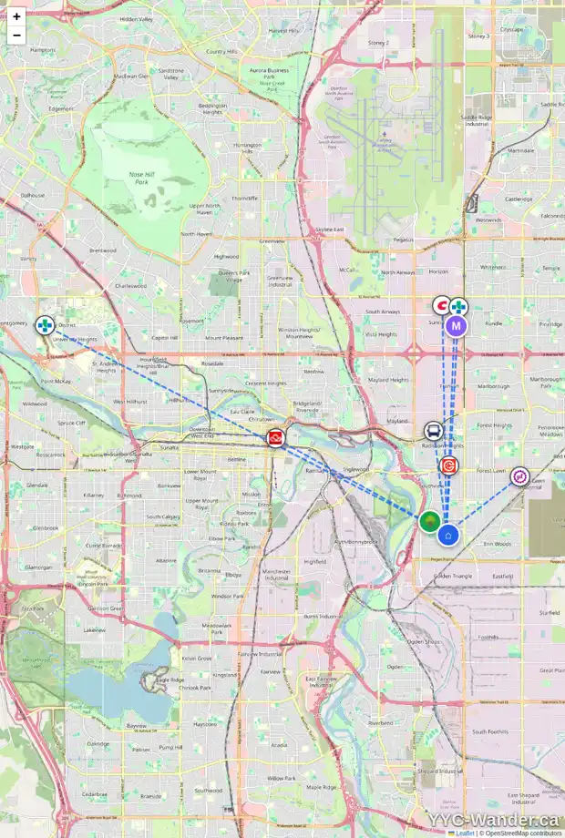 Daily accessibility map for 3403 35 AV SE, Calgary showing nearby schools, grocery stores, parks, LRT stations and nearby amenities