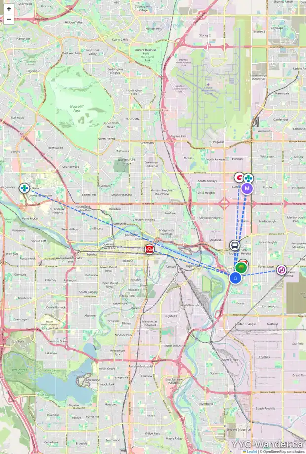 Daily accessibility map for 2222 26 ST SE, Calgary showing nearby schools, grocery stores, parks, LRT stations and nearby amenities