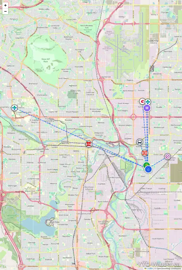 Daily accessibility map for 3430 30A AV SE, Calgary showing nearby schools, grocery stores, parks, LRT stations and nearby amenities