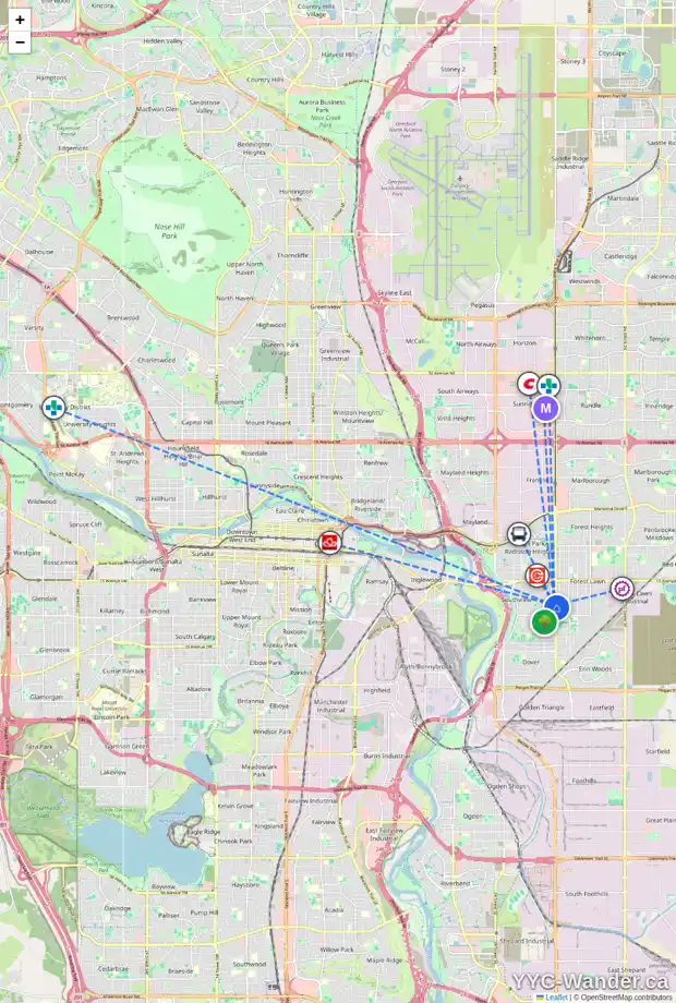 Daily accessibility map for 2409 36 ST SE, Calgary showing nearby schools, grocery stores, parks, LRT stations and nearby amenities