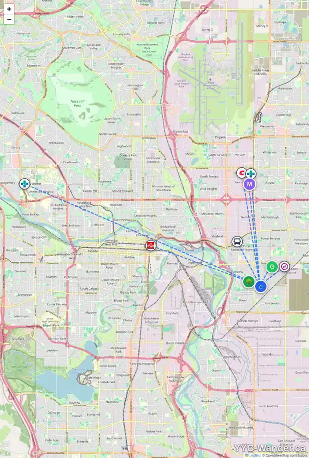 Daily accessibility map for 3925 29 AV SE, Calgary showing nearby schools, grocery stores, parks, LRT stations and nearby amenities