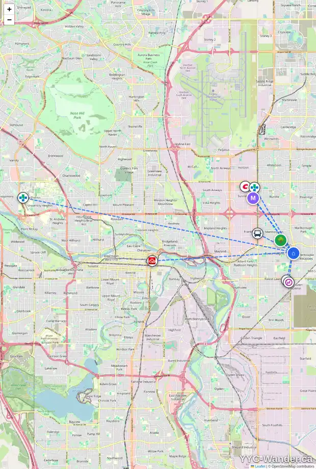 Daily accessibility map for 411 FOREST WY SE, Calgary showing nearby schools, grocery stores, parks, LRT stations and nearby amenities