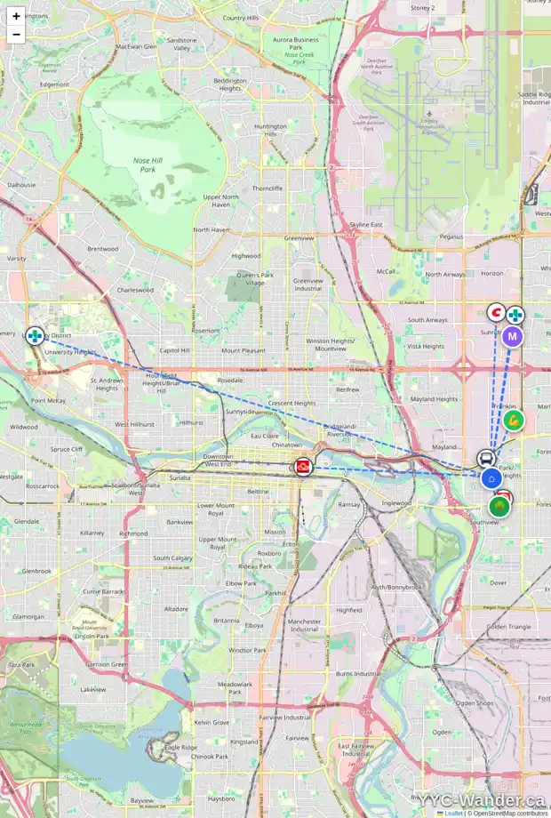 Daily accessibility map for 1032 28 ST SE, Calgary showing nearby schools, grocery stores, parks, LRT stations and nearby amenities