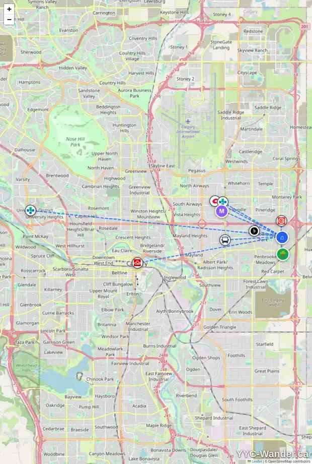 Daily accessibility map for 607 ABOYNE CR NE, Calgary showing nearby schools, grocery stores, parks, LRT stations and nearby amenities