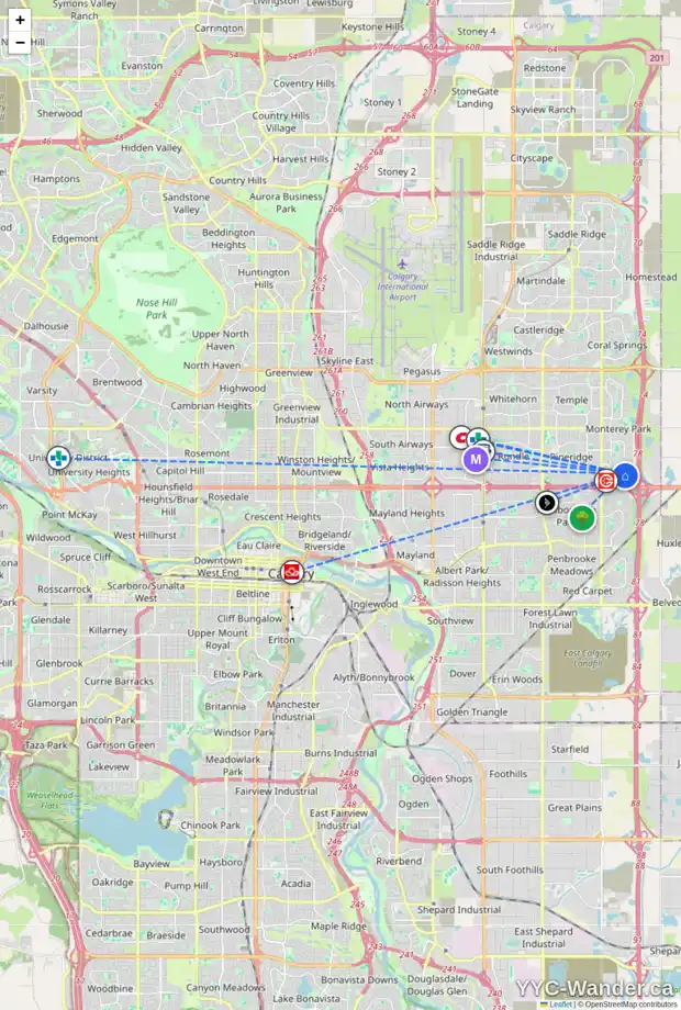 Daily accessibility map for 27 DEL RAY CO NE, Calgary showing nearby schools, grocery stores, parks, LRT stations and nearby amenities
