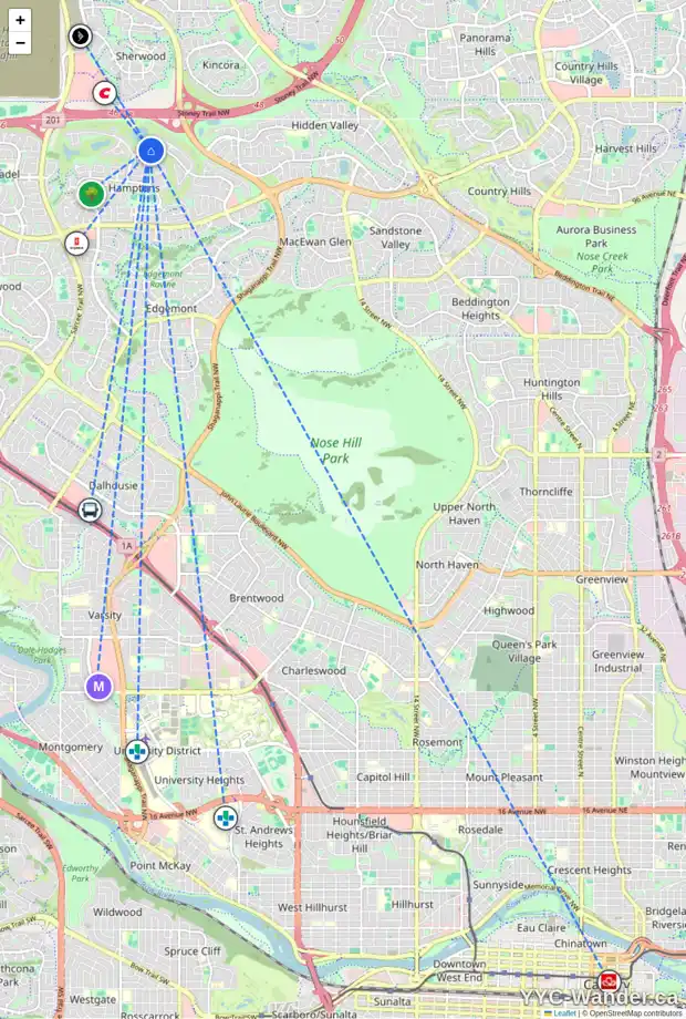 Daily accessibility map for 106 HAMPTONS DR NW, Calgary showing nearby schools, grocery stores, parks, LRT stations and nearby amenities