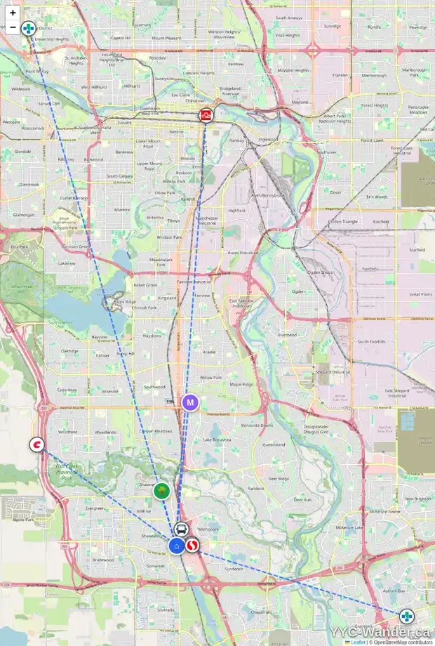 Daily accessibility map for 48 SHAWGLEN WY SW, Calgary showing nearby schools, grocery stores, parks, LRT stations and nearby amenities
