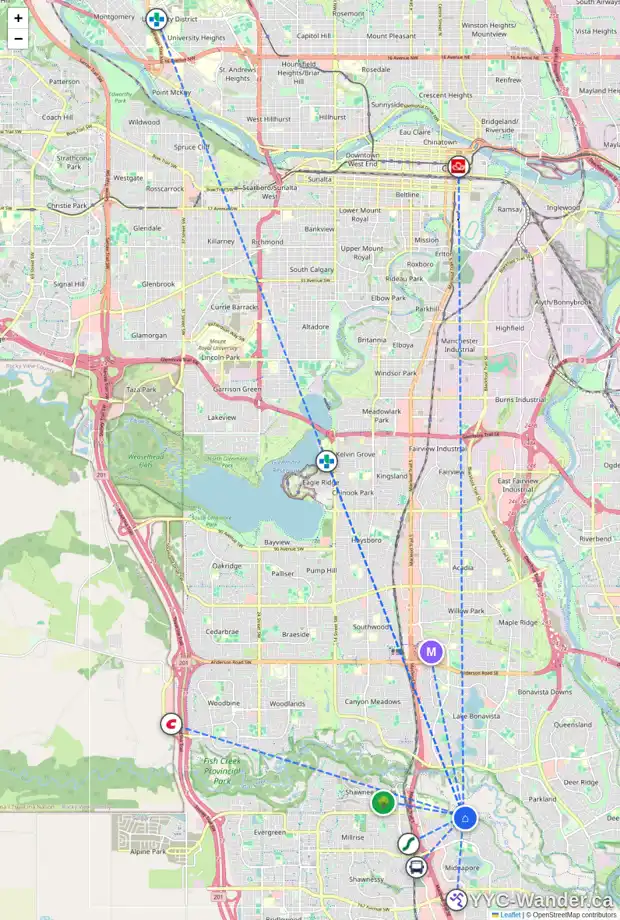 Daily accessibility map for 92 MIDRIDGE BA SE, Calgary showing nearby schools, grocery stores, parks, LRT stations and nearby amenities
