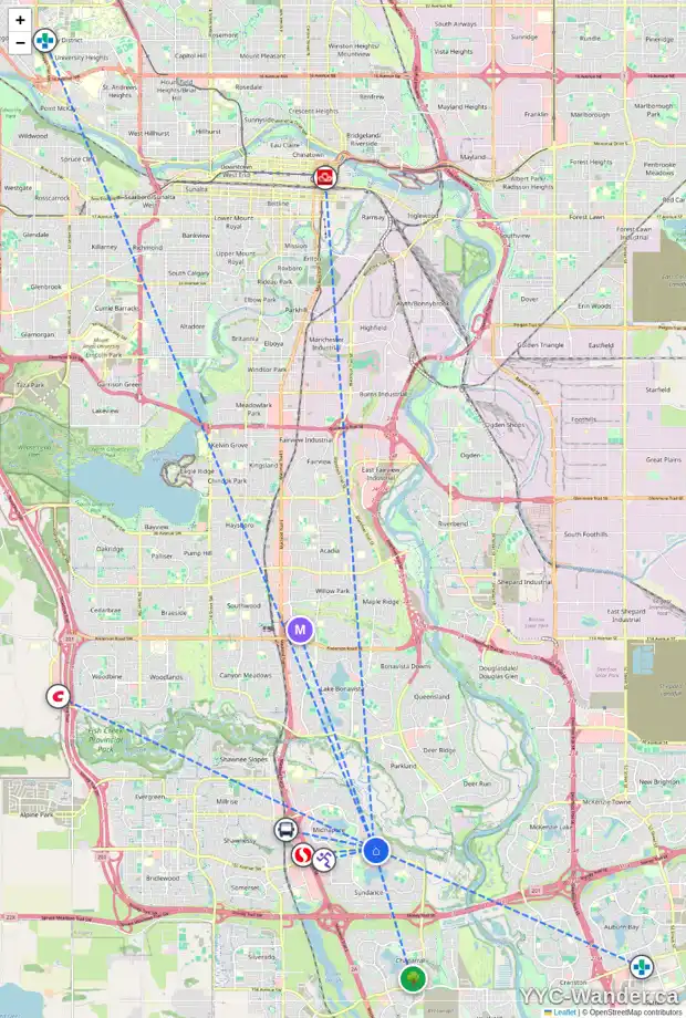 Daily accessibility map for 51 SUNMOUNT CR SE, Calgary showing nearby schools, grocery stores, parks, LRT stations and nearby amenities