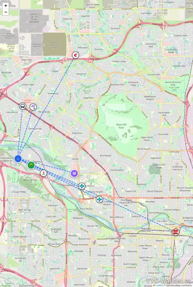 Daily accessibility map for 8611 34 AV NW, Calgary showing nearby schools, grocery stores, parks, LRT stations and nearby amenities