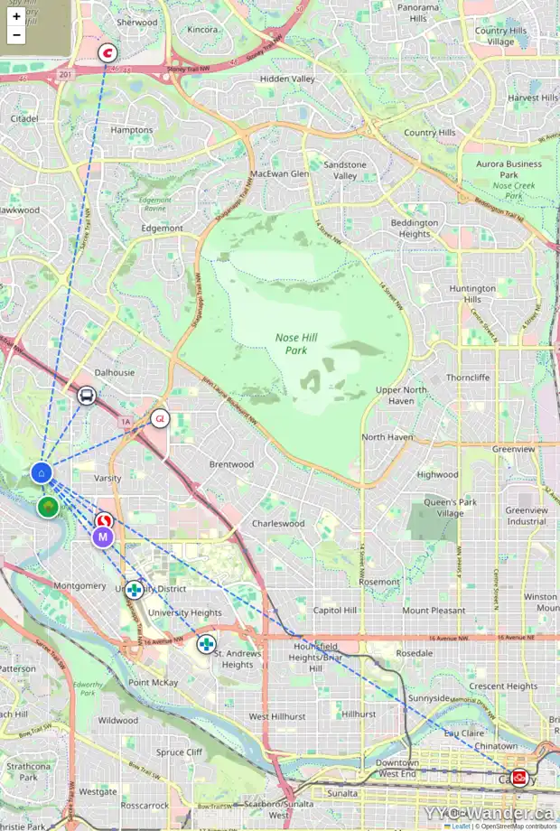 Daily accessibility map for 36 VARSITY PL NW, Calgary showing nearby schools, grocery stores, parks, LRT stations and nearby amenities