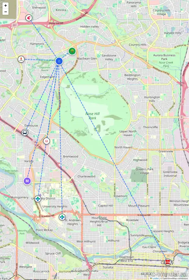 Daily accessibility map for 51 EDGEBROOK CV NW, Calgary showing nearby schools, grocery stores, parks, LRT stations and nearby amenities