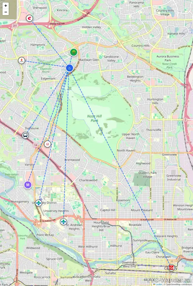 Daily accessibility map for 24 EDGEBROOK CI NW, Calgary showing nearby schools, grocery stores, parks, LRT stations and nearby amenities