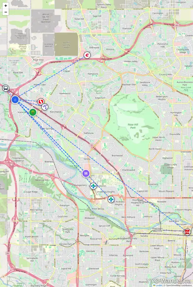 Daily accessibility map for 533 SCHUBERT PL NW, Calgary showing nearby schools, grocery stores, parks, LRT stations and nearby amenities