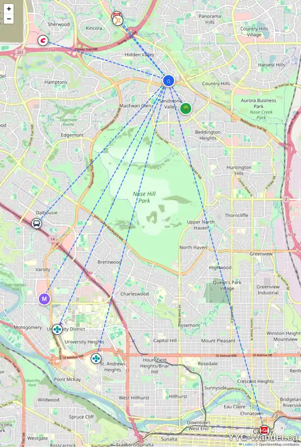 Daily accessibility map for 50 HIDDEN VALE CO NW, Calgary showing nearby schools, grocery stores, parks, LRT stations and nearby amenities