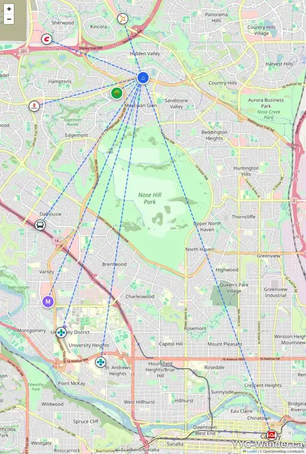 Daily accessibility map for 200 HIDDEN CI NW, Calgary showing nearby schools, grocery stores, parks, LRT stations and nearby amenities