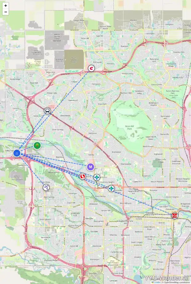 Daily accessibility map for 34 VALLEY MEADOW GD NW, Calgary showing nearby schools, grocery stores, parks, LRT stations and nearby amenities