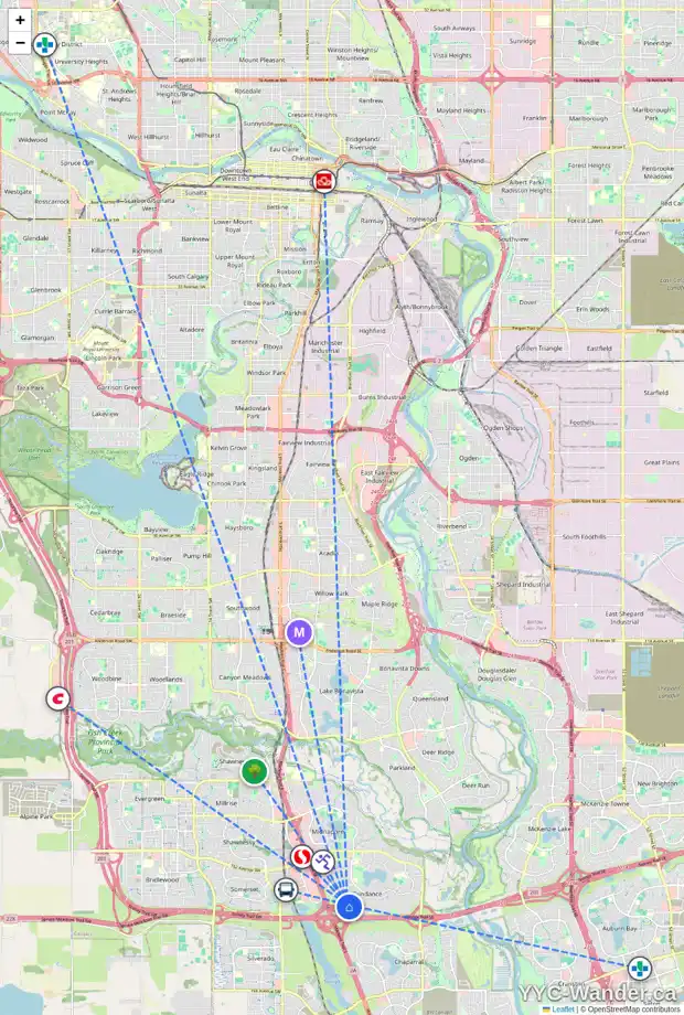 Daily accessibility map for 15 SUNMEADOWS RD SE, Calgary showing nearby schools, grocery stores, parks, LRT stations and nearby amenities