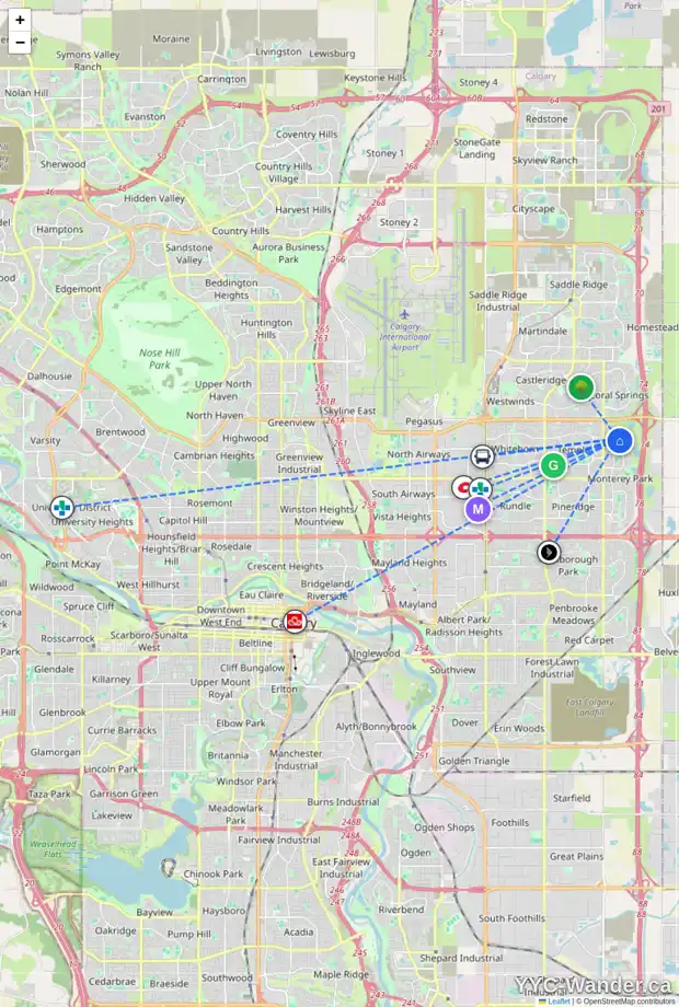 Daily accessibility map for 86 SARATOGA CL NE, Calgary showing nearby schools, grocery stores, parks, LRT stations and nearby amenities