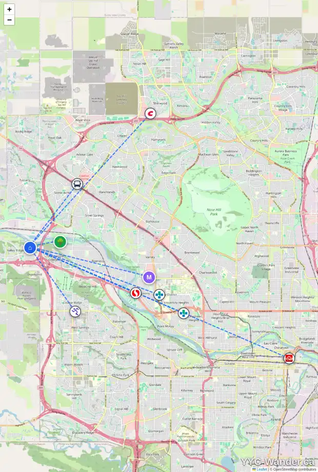 Daily accessibility map for 250 VALLEY SPRINGS TC NW, Calgary showing nearby schools, grocery stores, parks, LRT stations and nearby amenities