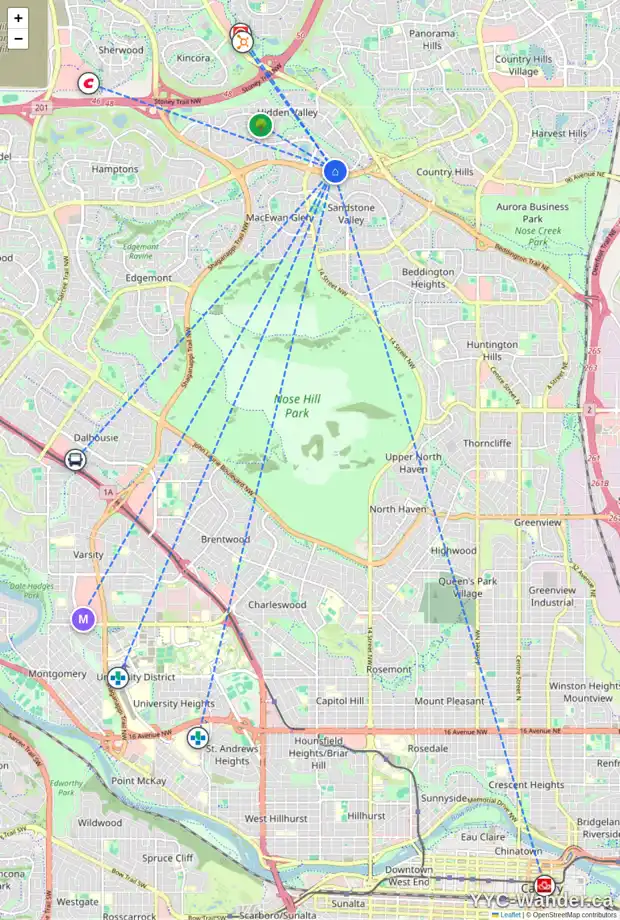 Daily accessibility map for 355 HIDDEN VALE PL NW, Calgary showing nearby schools, grocery stores, parks, LRT stations and nearby amenities