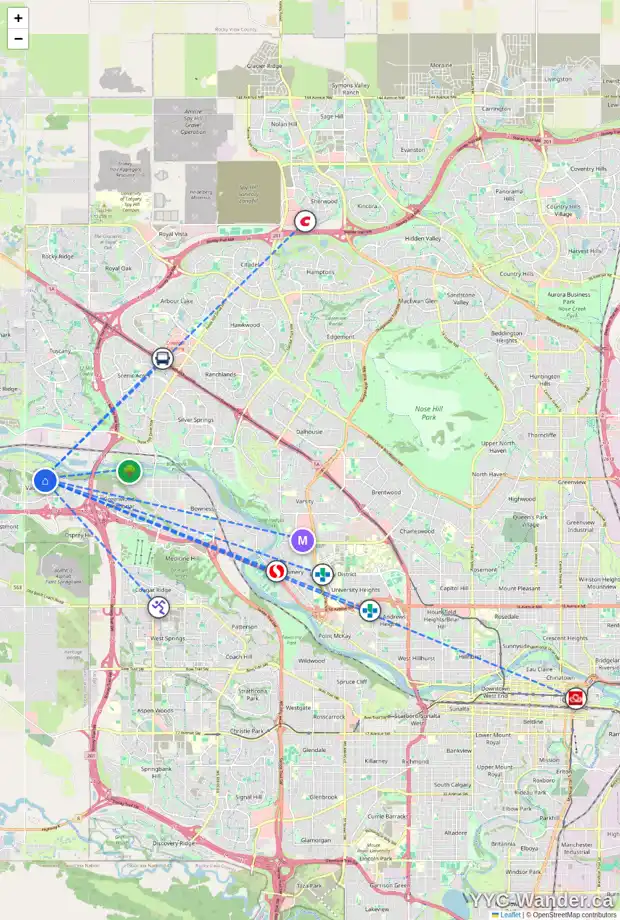 Daily accessibility map for 98 VALLEY RIDGE PT NW, Calgary showing nearby schools, grocery stores, parks, LRT stations and nearby amenities