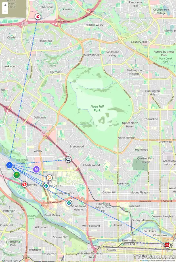 Daily accessibility map for 6227 BOWNESS RD NW, Calgary showing nearby schools, grocery stores, parks, LRT stations and nearby amenities