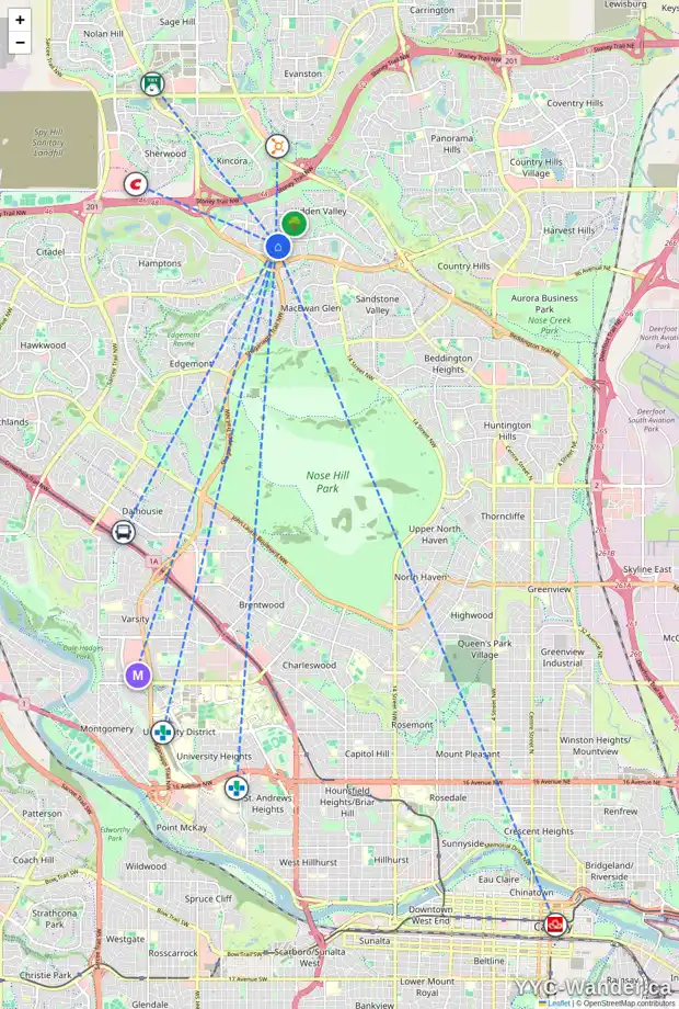 Daily accessibility map for 14 HIDDEN CL NW, Calgary showing nearby schools, grocery stores, parks, LRT stations and nearby amenities