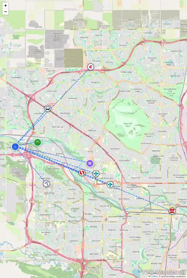 Daily accessibility map for 10999 VALLEY SPRINGS RD NW, Calgary showing nearby schools, grocery stores, parks, LRT stations and nearby amenities