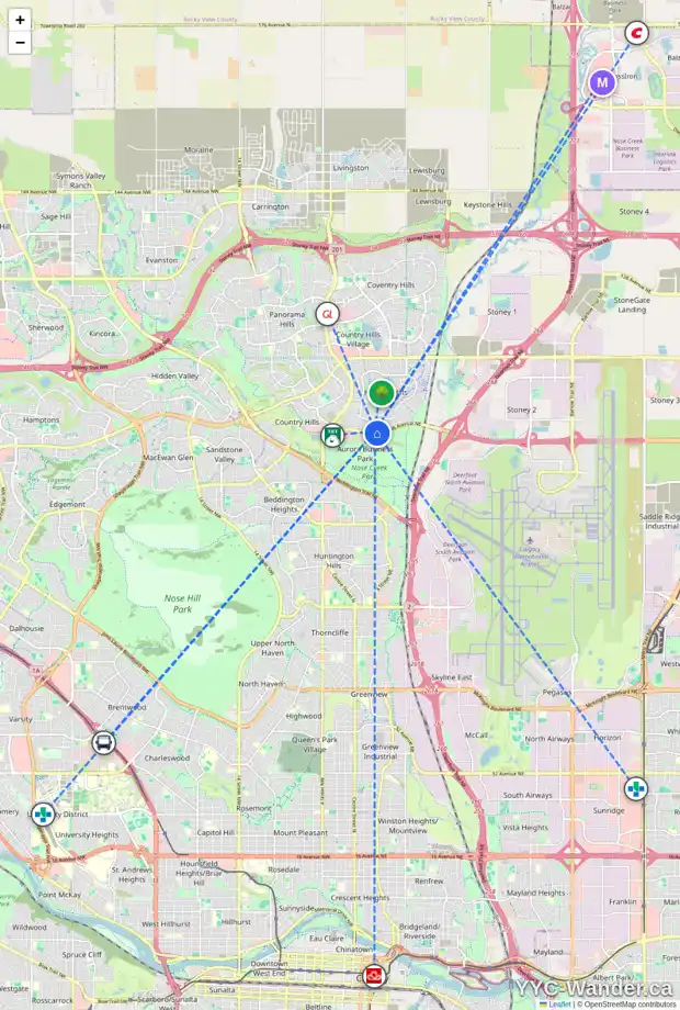 Daily accessibility map for 252 HARVEST ROSE CI NE, Calgary showing nearby schools, grocery stores, parks, LRT stations and nearby amenities