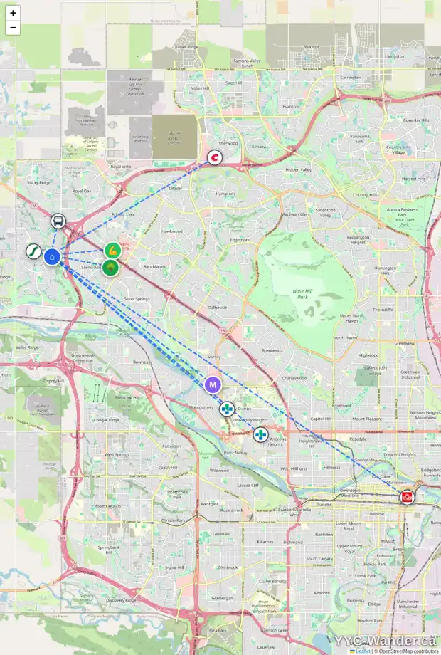 Daily accessibility map for 136 TUSCANY HILLS PT NW, Calgary showing nearby schools, grocery stores, parks, LRT stations and nearby amenities