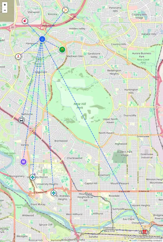 Daily accessibility map for 78 HAMPTONS LI NW, Calgary showing nearby schools, grocery stores, parks, LRT stations and nearby amenities