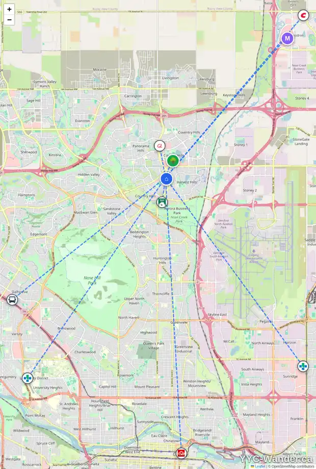 Daily accessibility map for 87 COUNTRY HILLS DR NW, Calgary showing nearby schools, grocery stores, parks, LRT stations and nearby amenities