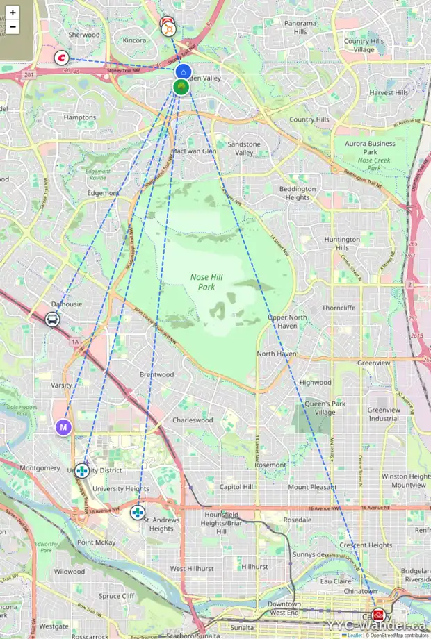 Daily accessibility map for 72 HIDDEN RANCH CR NW, Calgary showing nearby schools, grocery stores, parks, LRT stations and nearby amenities