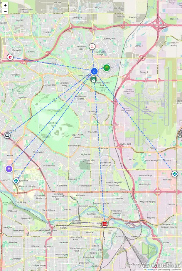 Daily accessibility map for 1020 COUNTRY HILLS CI NW, Calgary showing nearby schools, grocery stores, parks, LRT stations and nearby amenities
